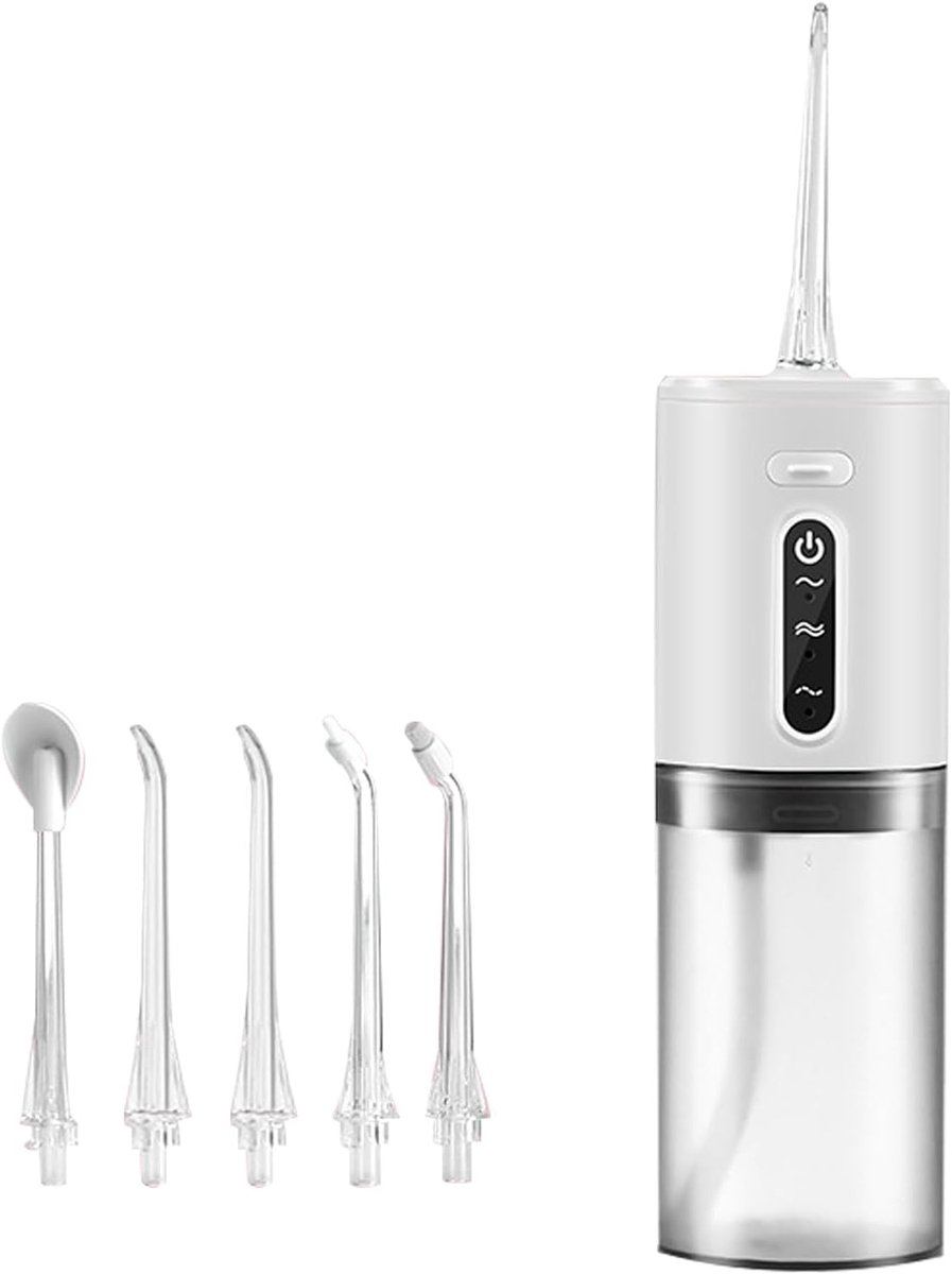 Monddouche - Water flosser - Draadloze elektrische waterflosser - Draagbare waterflosser - Plaqueverwijderaar - 3 standen - 5 opzetstukken - 280 ml watertank - Waterflosser voor mond-, tanden- en tandvleesverzorging - 19*6,5 cm- Wit