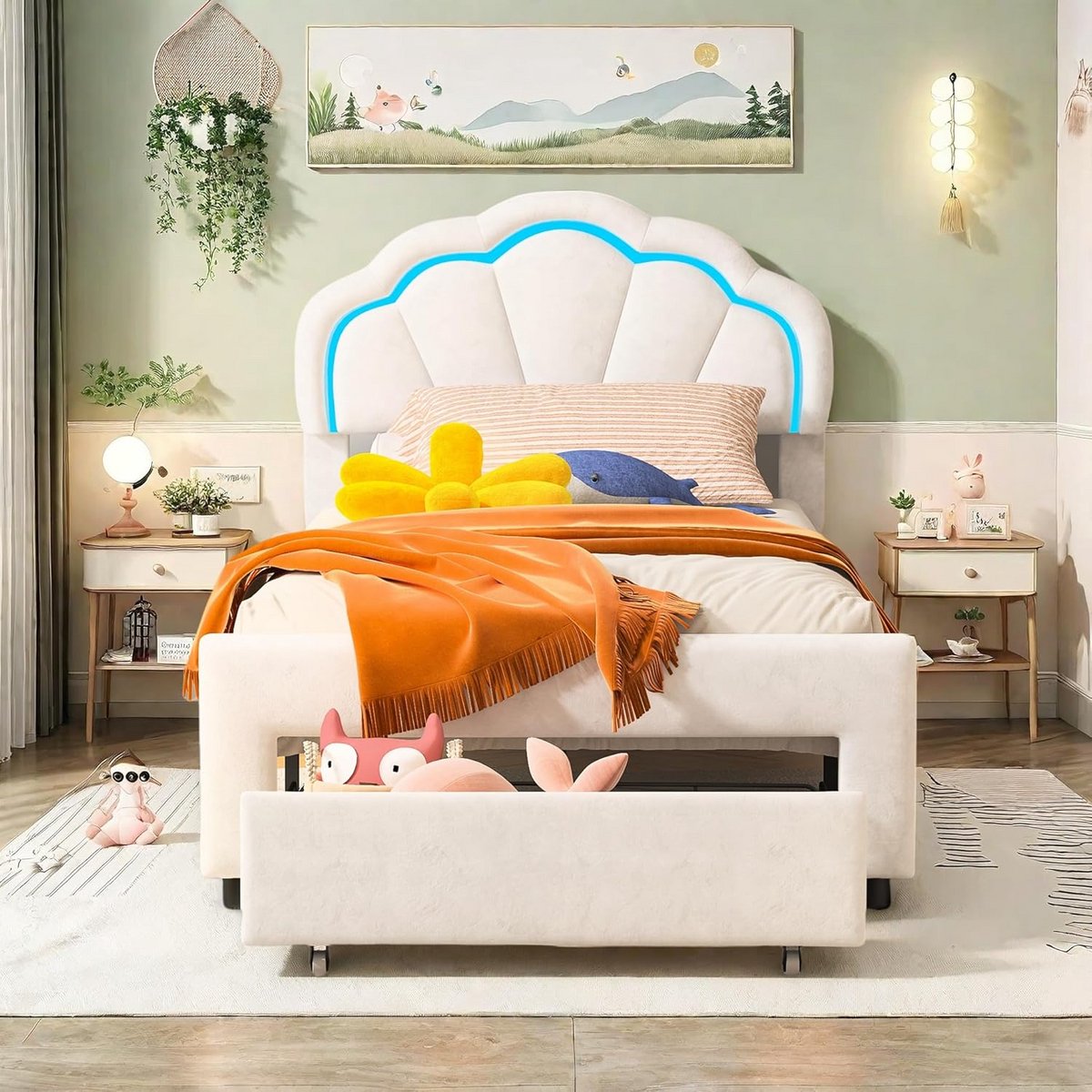 Eenpersoonsbed 90x200 met Lade en LED-verlichting voor Meisjes