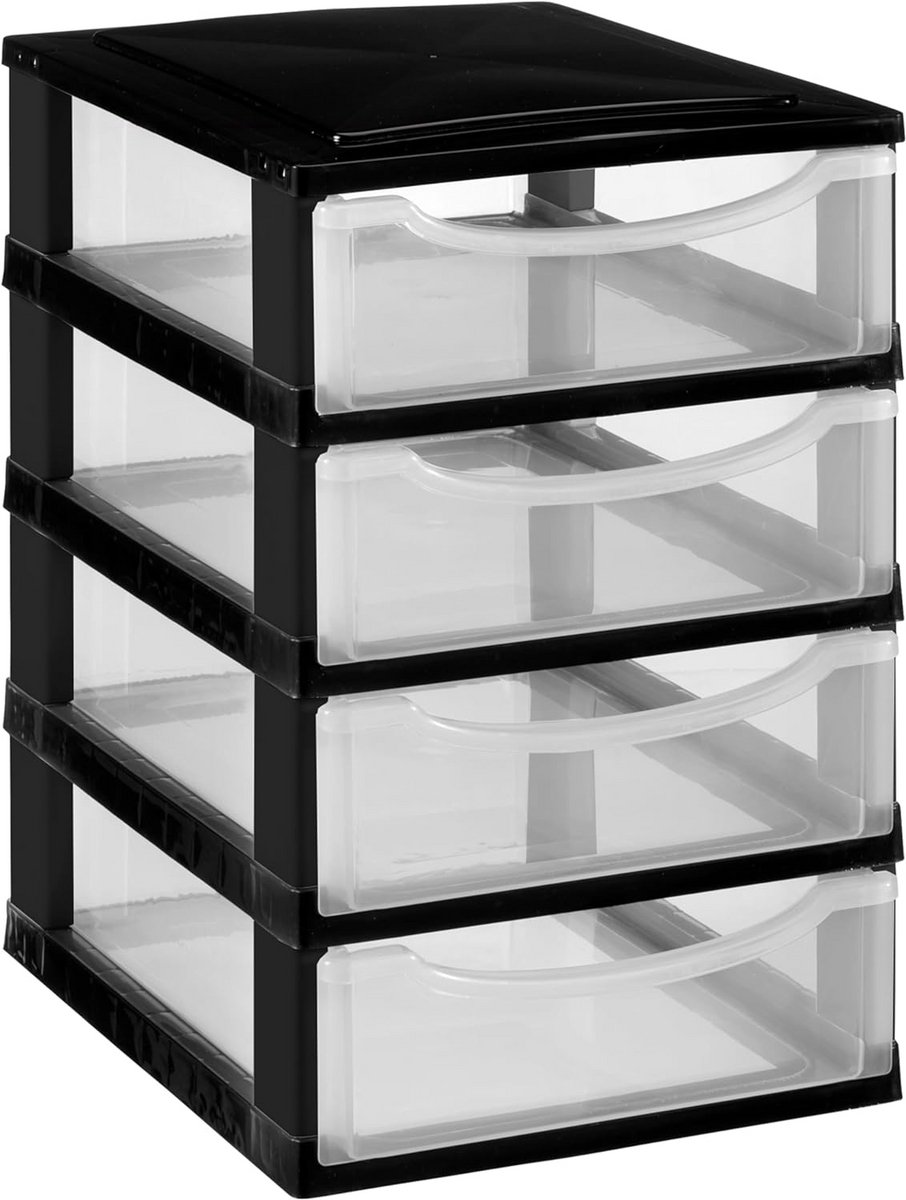 Schuifladenbox DIN A4 met 4 Transparante Laden - Zwarte Bureau Organizer