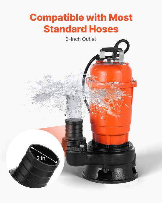 VEVOR 550w Dompelpomp, 18.000 L/U, Gietijzeren Vuilwaterpomp met 5,08 cm Uitlaat, Max. Opvoerhoogte 10 M, voor Het Verpompen van Vuil Water, voor Zwembaden, Tuinen, Vijvers, Kelders En Overstroomde Gebieden van Vevor — afbeelding 4