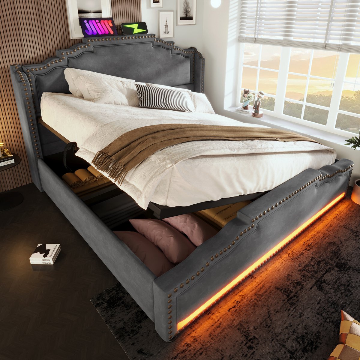 MODFU Ledikant 140x200 cm, velvet grijs, met opbergruimte, LED en USB/USB-C