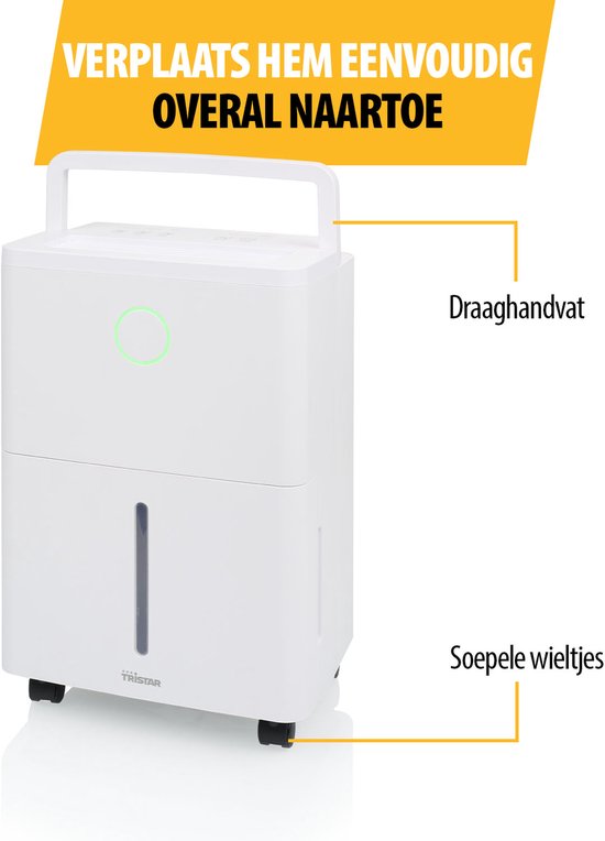 Witte luchtontvochtiger met handvat en soepele wieltjes voor draaggemak.
