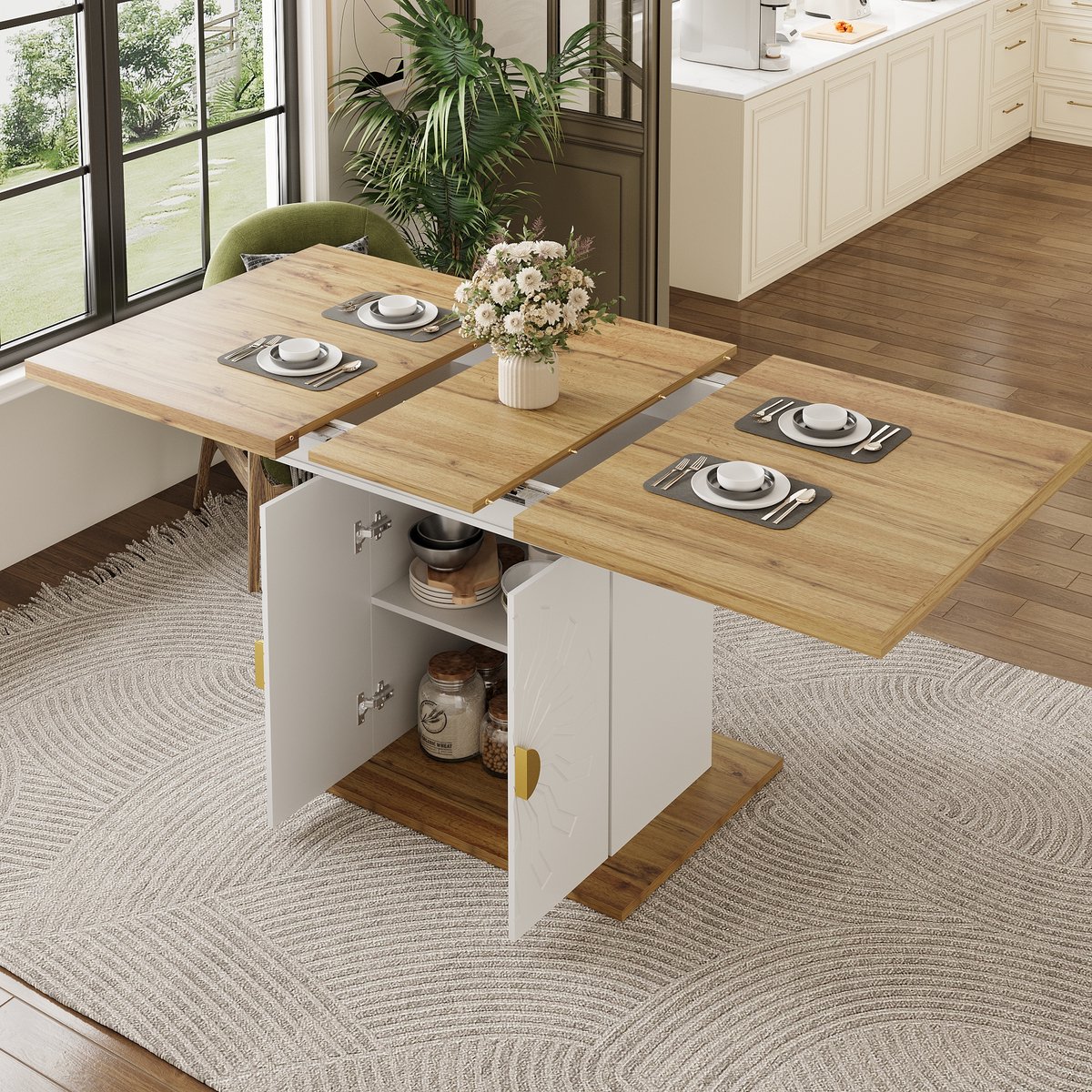 STILVORA Eettafel - Uitschuifbaar Met Opbergruimte En 2 Planken - Voor Keuken En Eethoek - MDF Metaal - Wit - 110 140x70x76 Cm