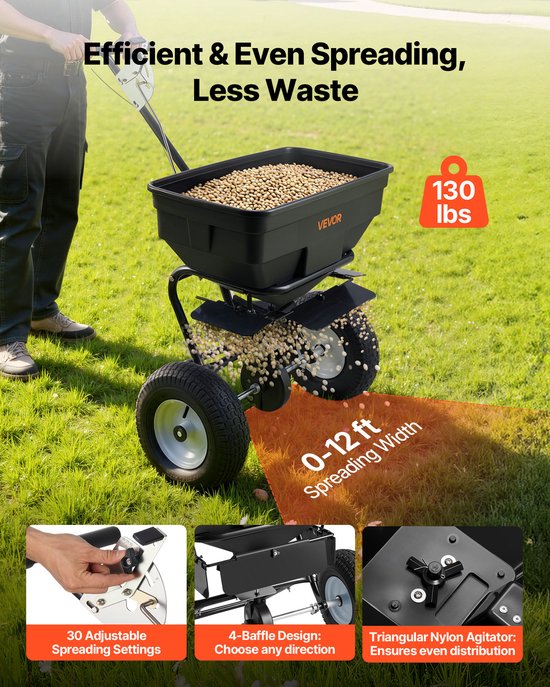 VEVOR Strooier, 59kg Capaciteit, Kunstmeststrooier met Een Strooibreedte van 0-3,66m, Zaadstrooier met 33cm Luchtbanden, Regelbare Doorvoersnelheid, Centrifugaalstrooier voor Kunstmest, Zaden en Strooizout van Merkloos	 — afbeelding 4