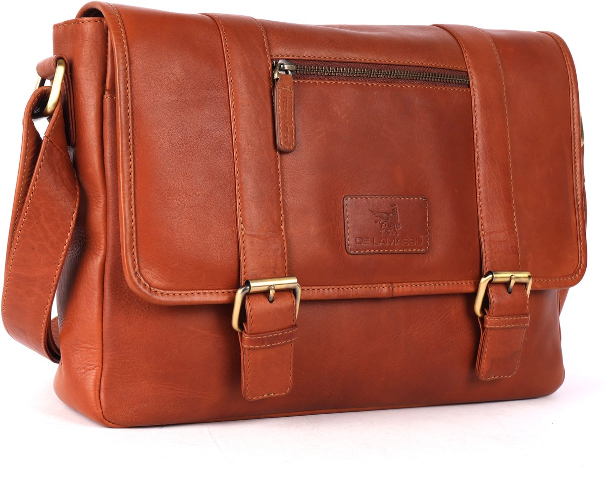 DE LAMASSU® (Lucian) leren schoudertas – 35 × 24 × 7 cm, laptoptas 13,3 inch, bruin, waterafstotend, met magneetsluiting