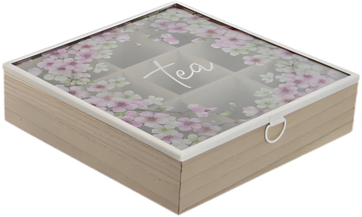 ITEM Theedoos - 9-vaks - bruin / roze - hout - 24 x 24 x 7 cm - doorzichtige deksel - theezakjes opbergen