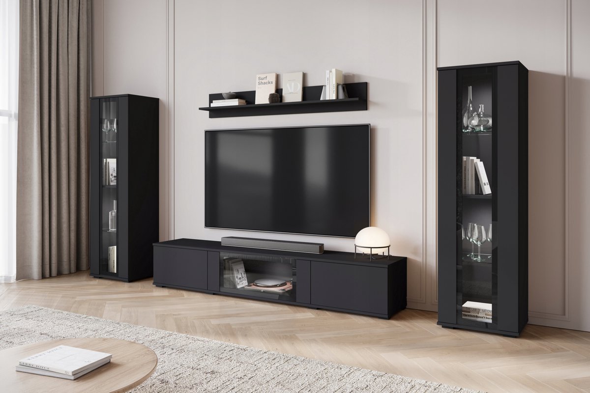 Modern Wandmeubel - 4-delige Set - 180 cm TV-kast, 2 Vitrinekasten & Wandplank - Zwart Mat - Inclusief LED