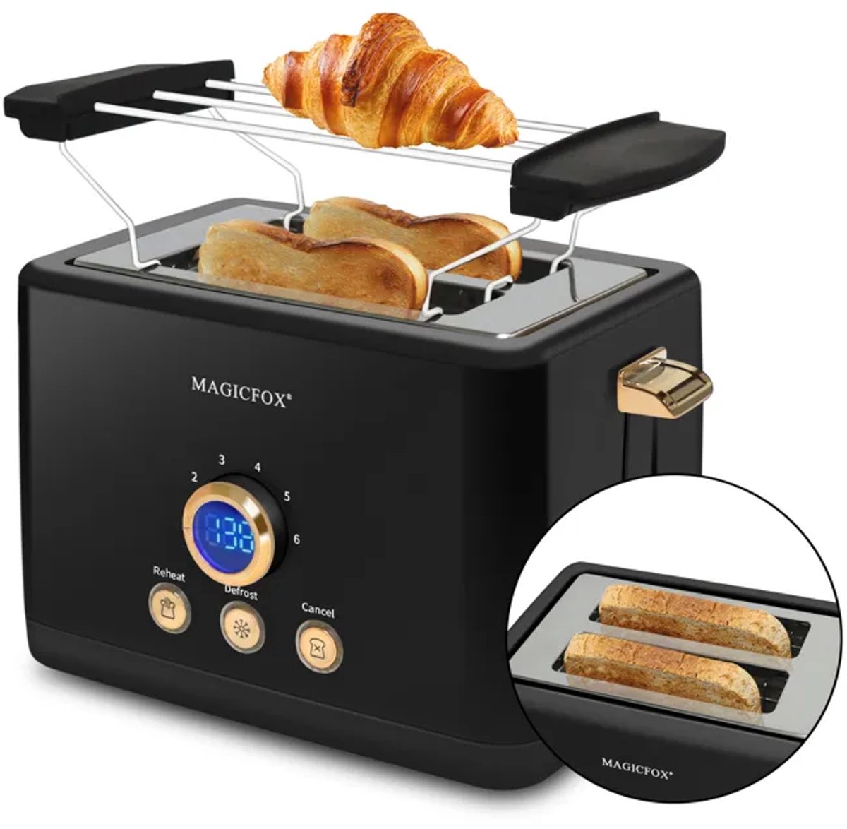 MAGICFOX Digitale Broodrooster-3 Standen-2 Extra Brede Sleuven-Automatische Uitwerping-ClassicToast-840W - Zwart