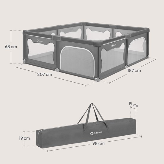 Afmetingen van de grijze box (187x207x68 cm) en draagtas (98x19x19 cm).