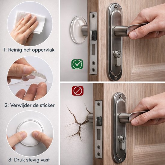 Illustratie van de installatie van een transparante deurstopper: oppervlak reinigen, sticker verwijderen, stevig aandrukken.