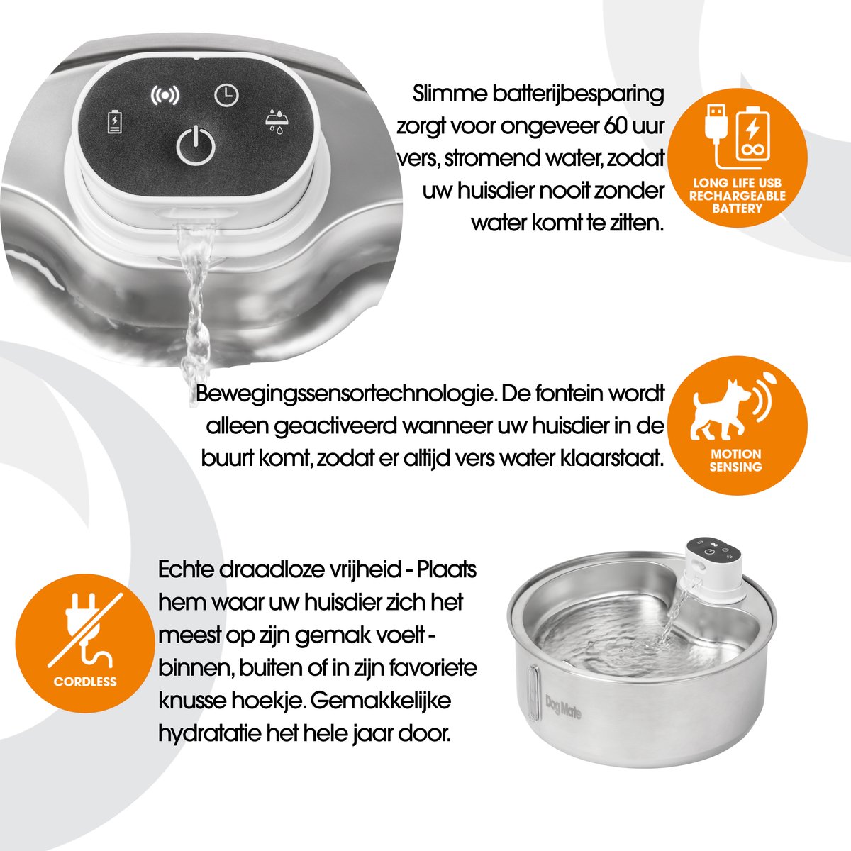 Dog Mate - Drinkfontein Hond - 8 Liter - RVS - Draadloos & Automatisch met Bewegingssensor thumbnail 6