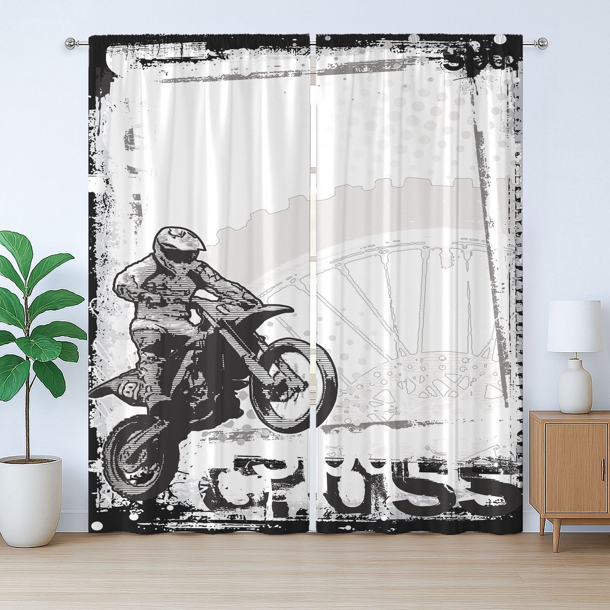 ABAKUHAUS Inspirerend rustiek gordijn, Motocross Racer, met lussen en haken voor de woonkamer, 280 x 175 cm, Wit Zwart