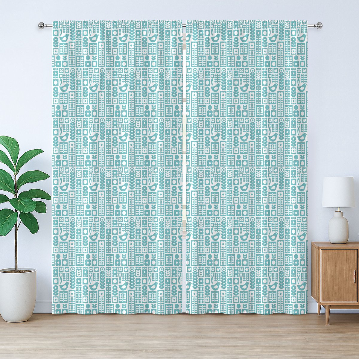 ABAKUHAUS Nordic Rustic Gordijn, Moderne Gordijn met Vogels en Bloemen, met Lusjes en Haken voor de Slaapkamer, 280 x 225 cm, Zeegroen en Wit