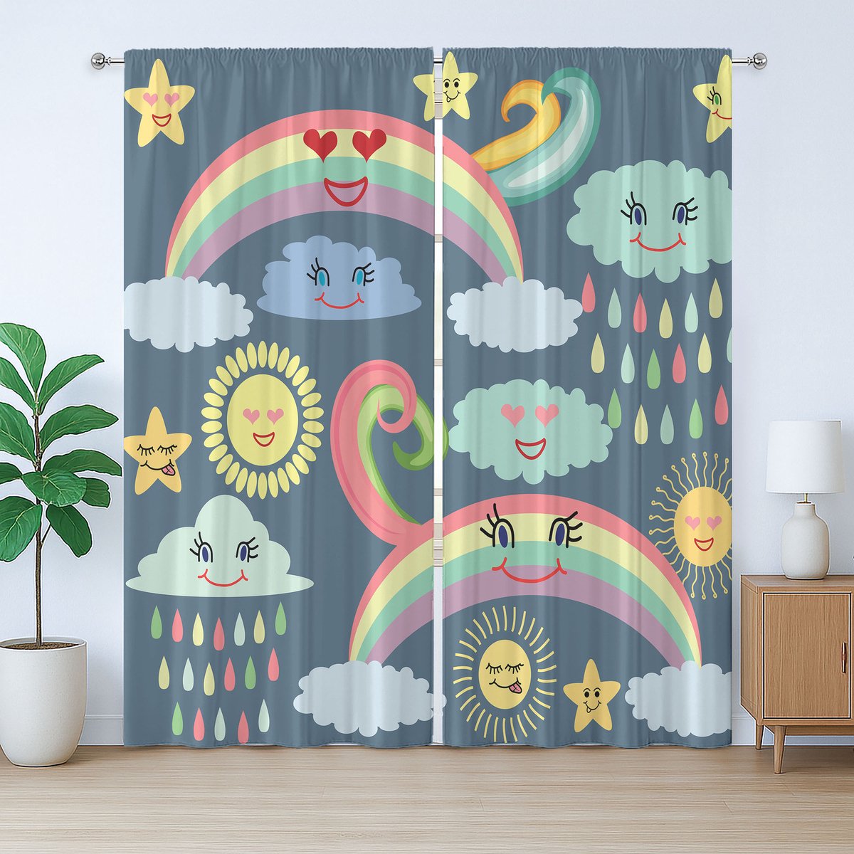 ABAKUHAUS Rustiek regengordijn, regenboogpatroon voor de kinderkamer, met lussen en haken voor de woonkamer, 280 x 175 cm, veelkleurig