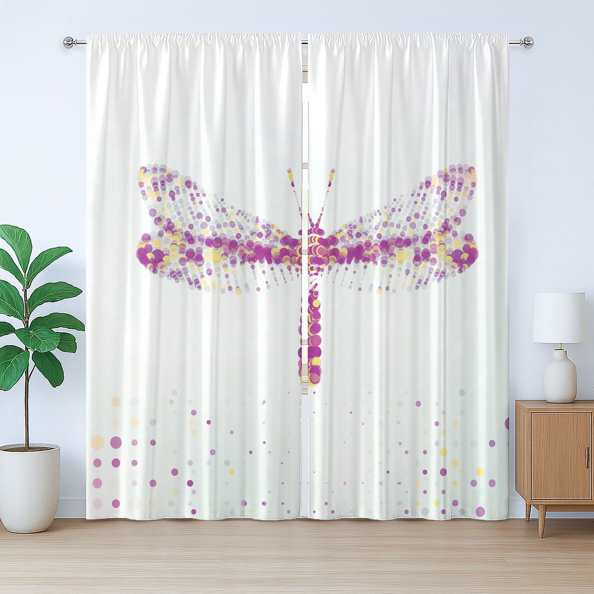 ABAKUHAUS Abstracte kunst, rustiek gordijn met libellenmotief, geplooid gordijn met lussen en haken voor de slaapkamer, 280 x 260 cm, paarsgeel