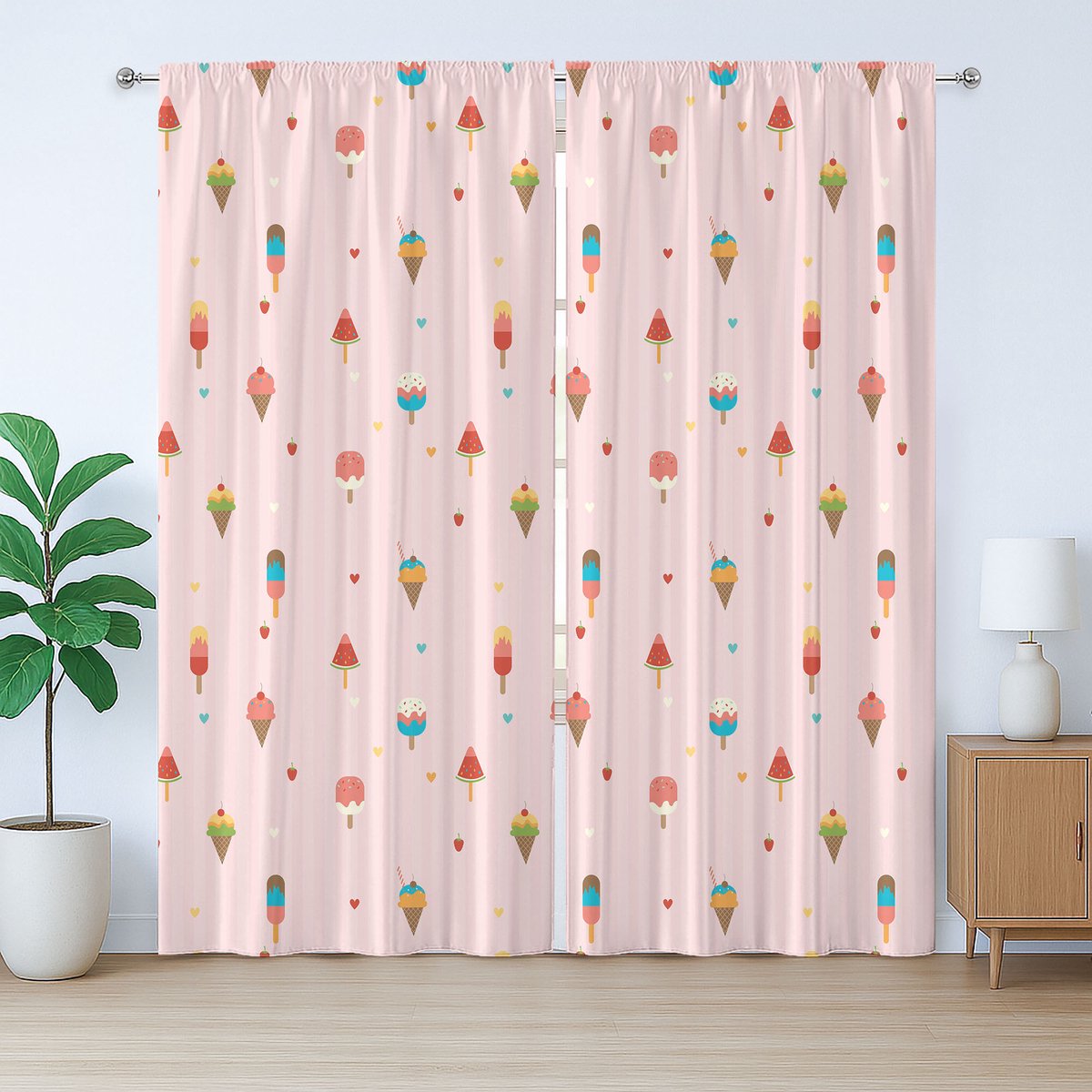 ABAKUHAUS Rustiek ijsgordijn, pastelpatroon, slaapkamergordijn met plooien, lussen en haken, 280 x 225 cm, lichtroze meerkleurig