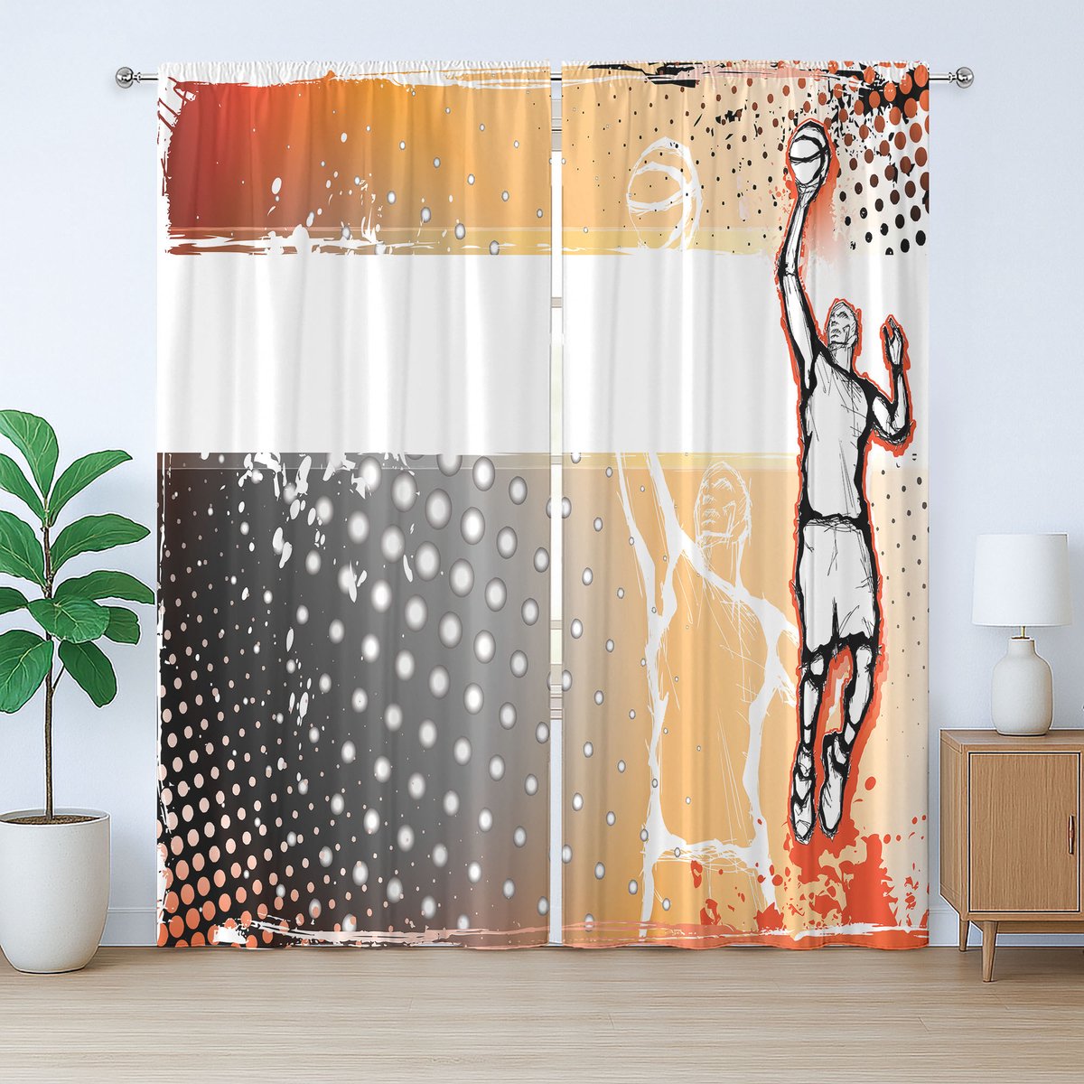 ABAKUHAUS Sport Rustiek Gordijn, Basketbal Doodle Art, Slaapkamergordijn met Plisséband, Lusjes en Haken, 280 x 225 cm, Oranje Zwart