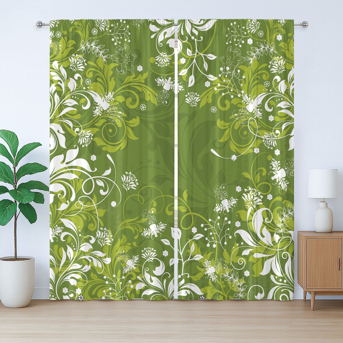 ABAKUHAUS Groen Rustiek Gordijn, Abstract Bloemenpatroon, met Bandjes, Lusjes en Haken voor de Woonkamer, 280 x 225 cm, Appelgroen Varengroen