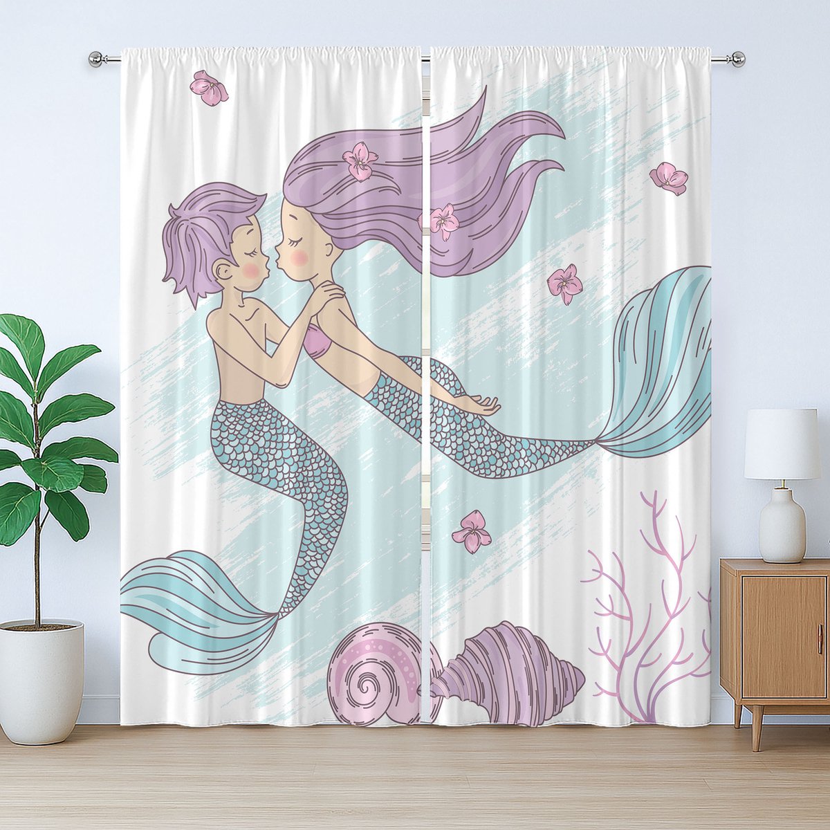 ABAKUHAUS Zeemeermin Rustieke Gordijnen, Onderwater Set, met Bandjes voor de Woonkamer met Lussen en Haken, 280 x 260 cm, Paars Babyblauw