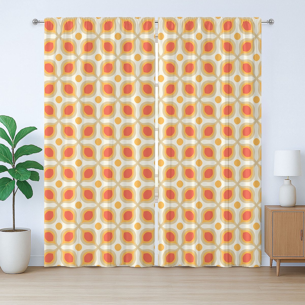 ABAKUHAUS Vintage Rustiek Gordijn, Jaren 70 Boho Geometrisch, met Bandjes, Lusjes en Haken voor de Woonkamer, 280 x 225 cm, Oranje Crème