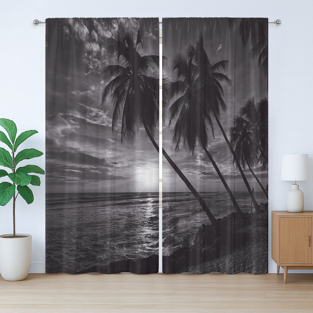 ABAKUHAUS Tropisch rustiek gordijn, horizon boven zeegezicht, slaapkamergordijn met lussen en haken, 280 x 260 cm, zwart-wit