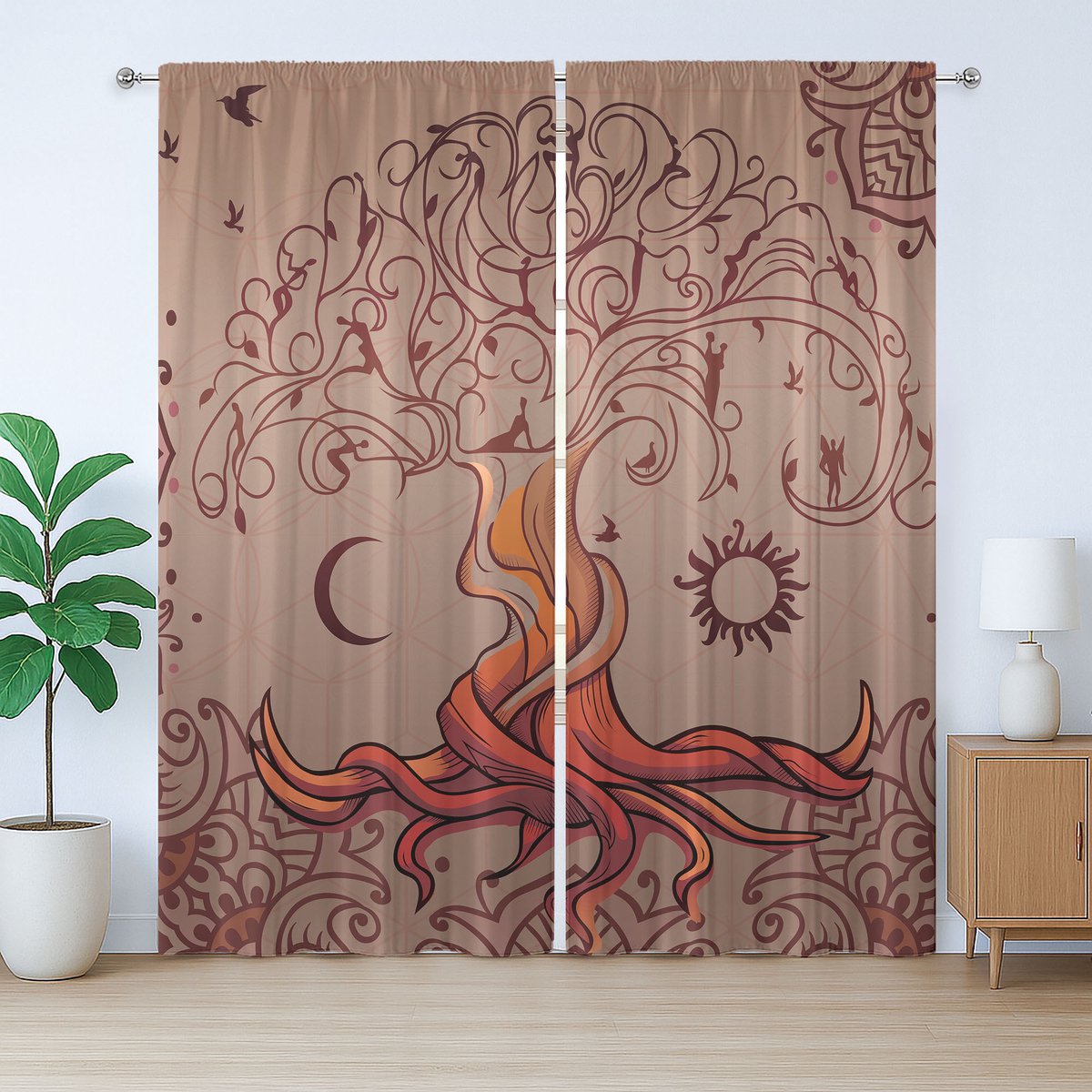 ABAKUHAUS Etnisch rustiek gordijn, charmante vintage boom, slaapkamergordijn met lussen en haken, 280 x 175 cm, oranje mauve taupe