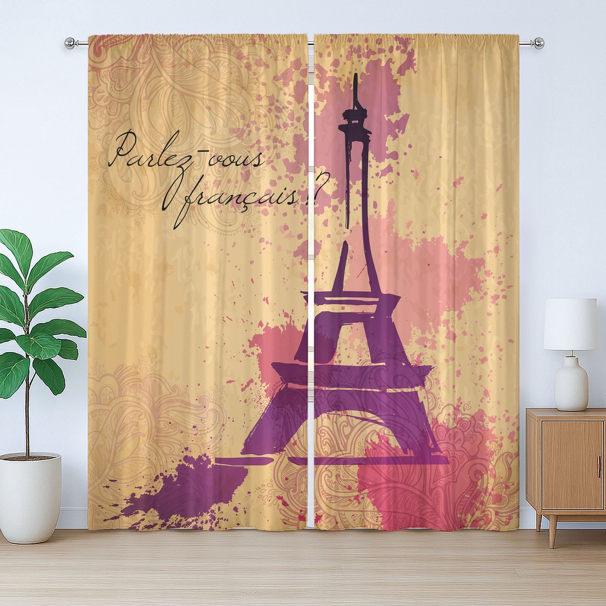 ABAKUHAUS Frankrijk Rustiek Gordijn, Pastel Splash Retro, met Bandjes, Lussen en Haken voor de Woonkamer, 280 x 175 cm, Beige Paars