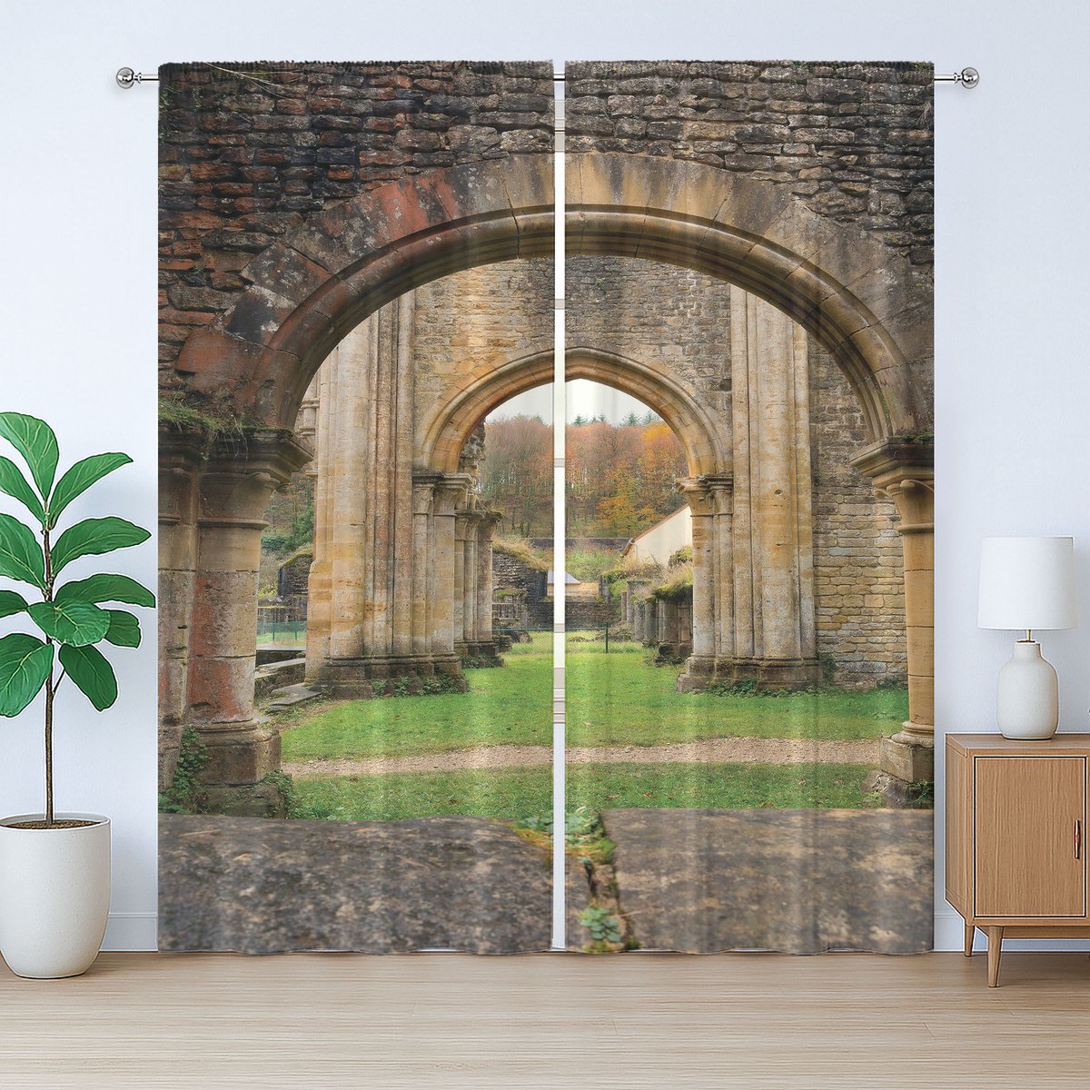 ABAKUHAUS Antiek Rustiek Gordijn, Herfstruïne design, Universele Gordijnen met Bandjes en Lussen voor de Woonkamer, 280 x 260 cm, Zandbruin en Groen
