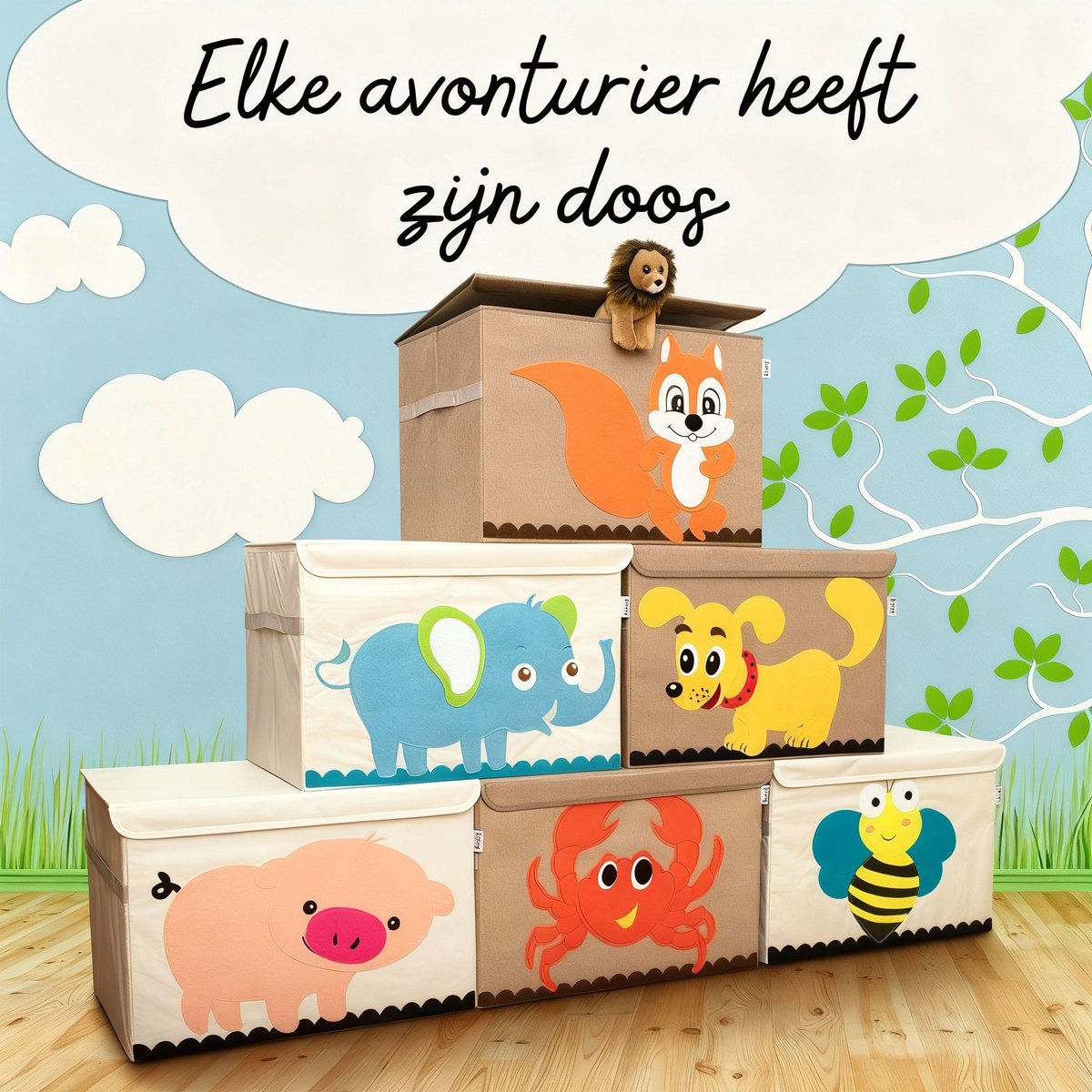 Opbergdoos van stof voor kinderen groot model "eekhoorn" met deksel Lifeney