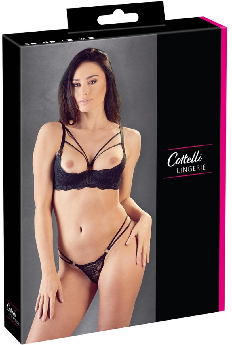 Cottelli Collection – Lingerie Set met Dubbele Bandjes en Open Lift Beha – Maat 80B/M – Zwart