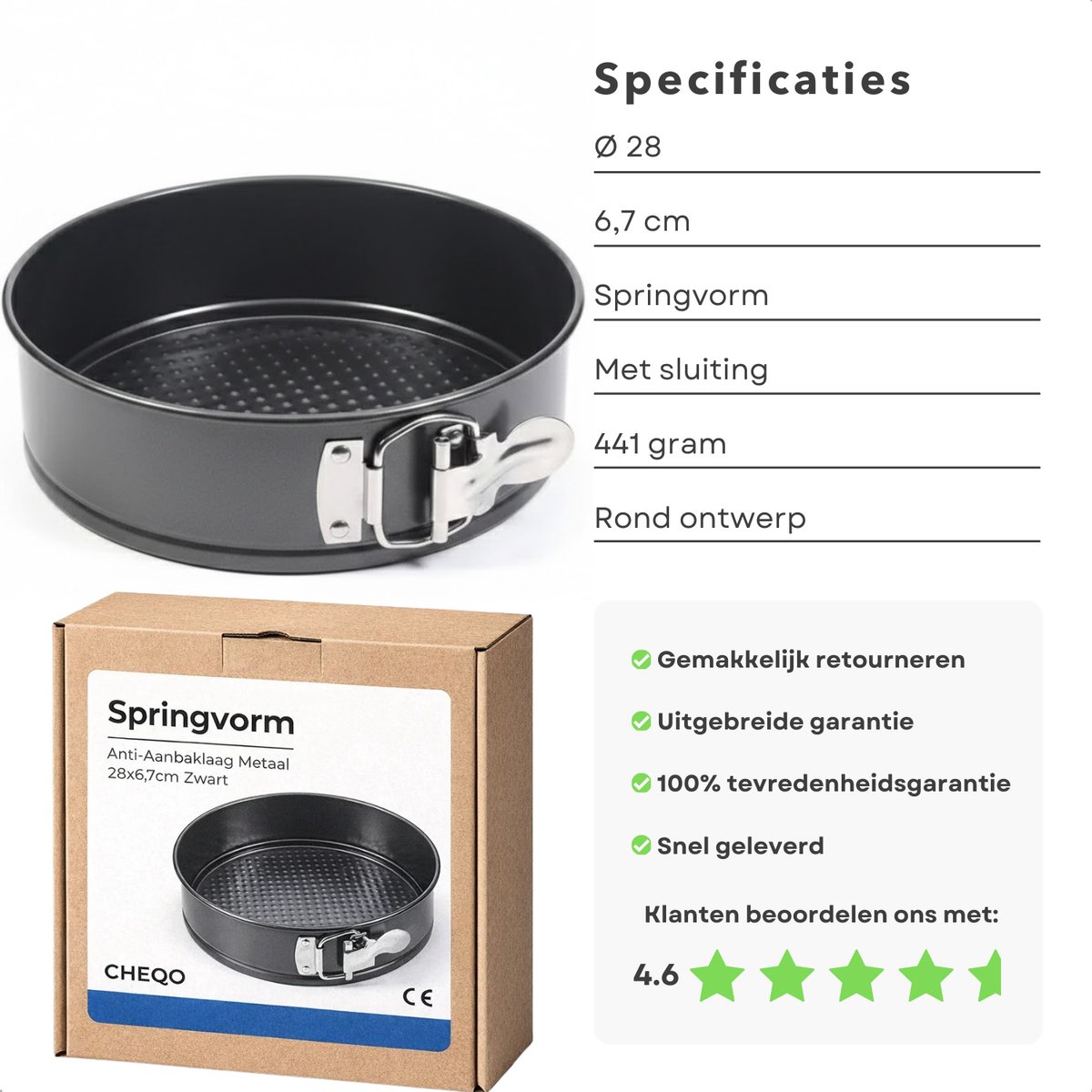 Cheqo® Springvorm - Springvorm Bakvorm - Springvorm Taartvorm - Ronde Springvorm - Ronde Taartvorm - Taartvorm - Bakvorm Rond - Bakblik Rond - Cakevorm - Quichevorm - Springvorm Anti Aanbak - Zwarte Springvorm – foto 4