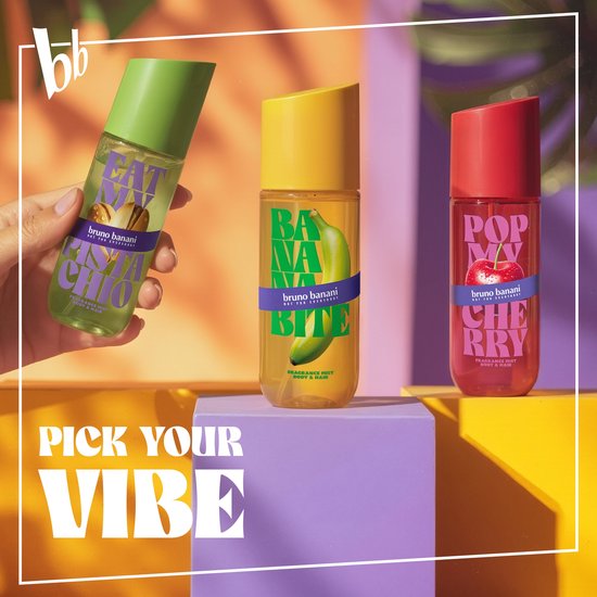 Drie flacons: 'EAT MY PISTACHIO', 'BANANA BITE' en 'POP MY CHERRY'.