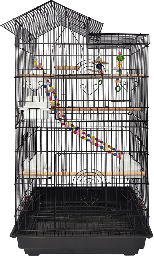ACXIN Cage à Oiseaux - Grande Cage à Oiseaux en Métal Noir Pour Canaris & Perruches - Avec Jouets & 46x35,5x99cm