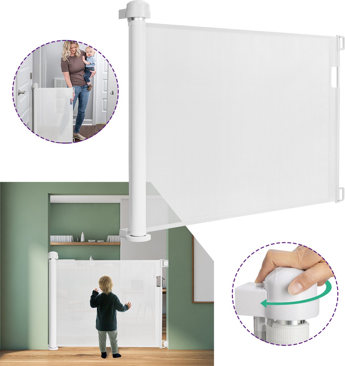 Froadp Deurbeveiligingshekje Roll Uitschuifbaar Afsluithekje 0-180 cm Trapbeveiligingshekje Beveiligingshekje Wit