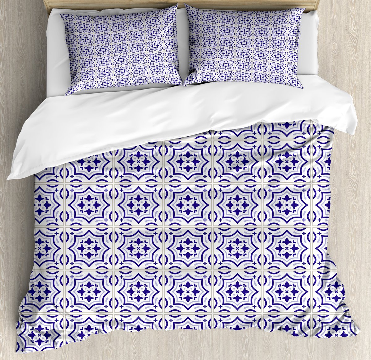 ABAKUHAUS Azulejo dekbedovertrekset voor tweepersoonsbedden, Portugese vloertegels, inclusief kussenslopen, 200 x 200 cm