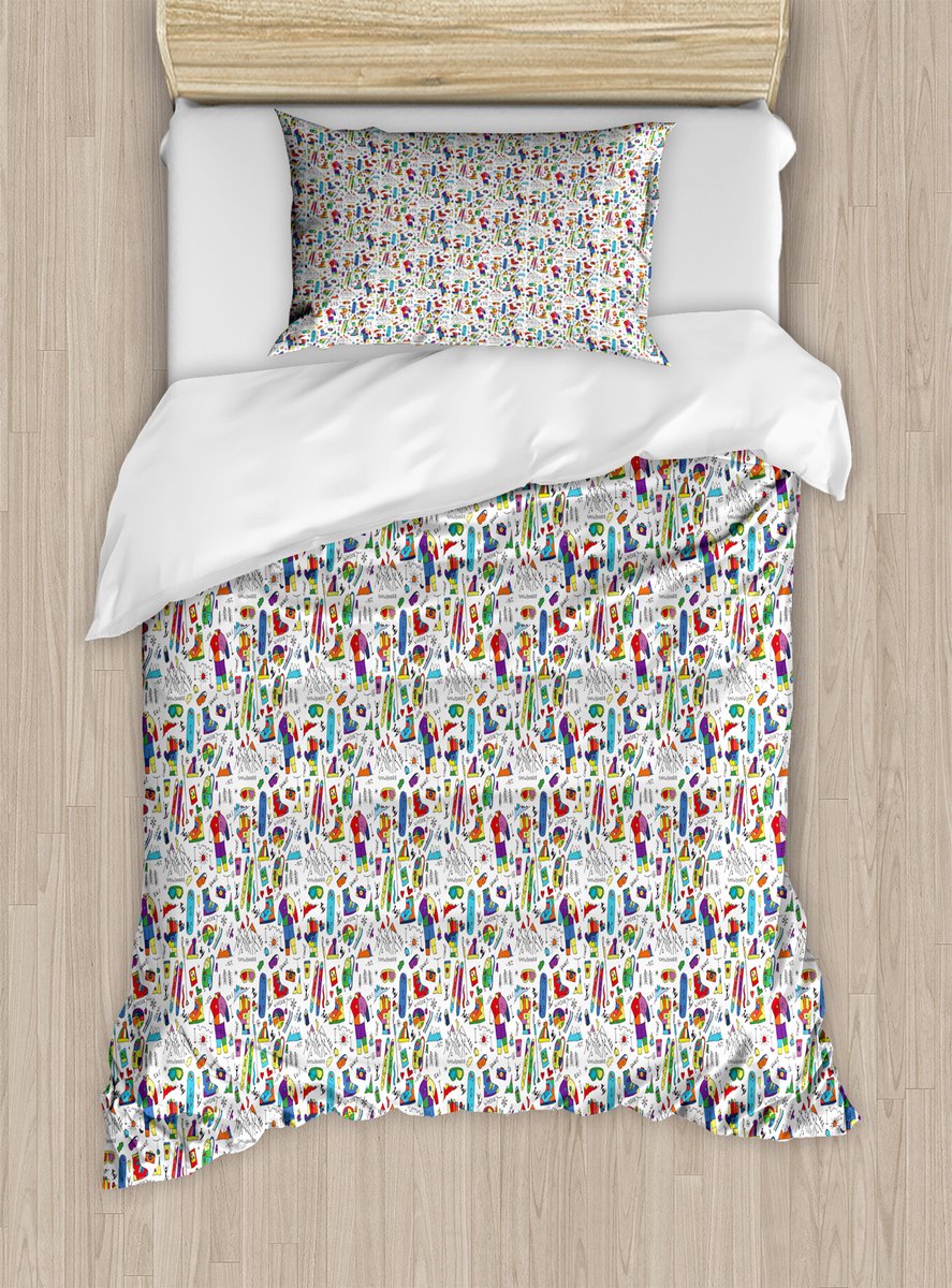 ABAKUHAUS Dekbedovertrekset met skipatroon voor eenpersoonsbedden, kleurrijk winterthema, inclusief kussensloop, 130 x 200 cm