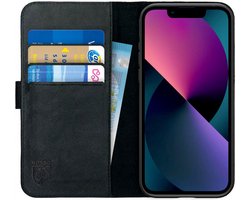 Rosso Deluxe Echt Leer Book Case Hoesje Geschikt voor Apple iPhone 13 Mini | Ruimte voor drie pasjes | Portemonnee Book Case | Met Pasjeshouder | Zwart