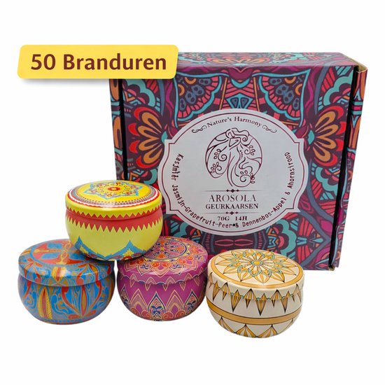 Arosola® Nature’s Harmony Geurkaarsen Set - 4 stuks - 4 Luxe natuurlijke geuren - 50 Branduren - Cadeaudoos