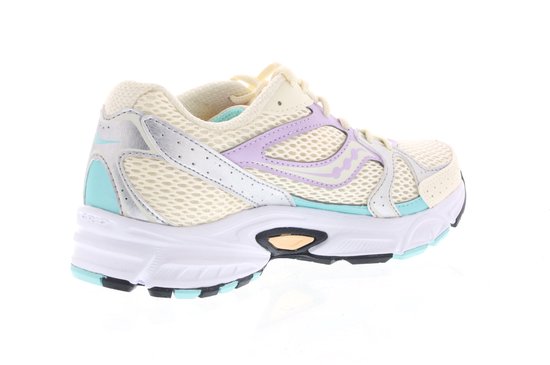Crèmekleurige Saucony sneaker, achterkant met zilveren en turkooise accenten, witte zool.