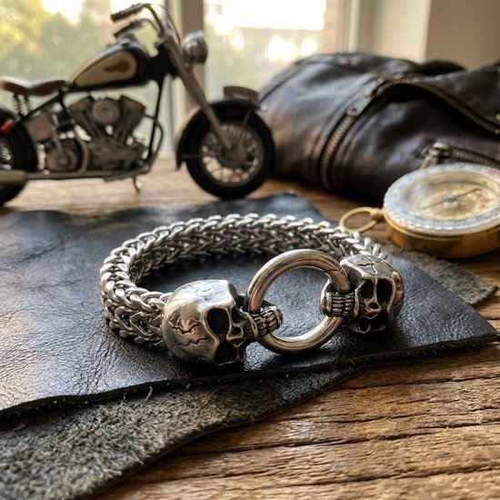 Zilverkleurige schakelarmband met dubbele schedel en ring sluiting op een houten ondergrond met motoronderdelen.