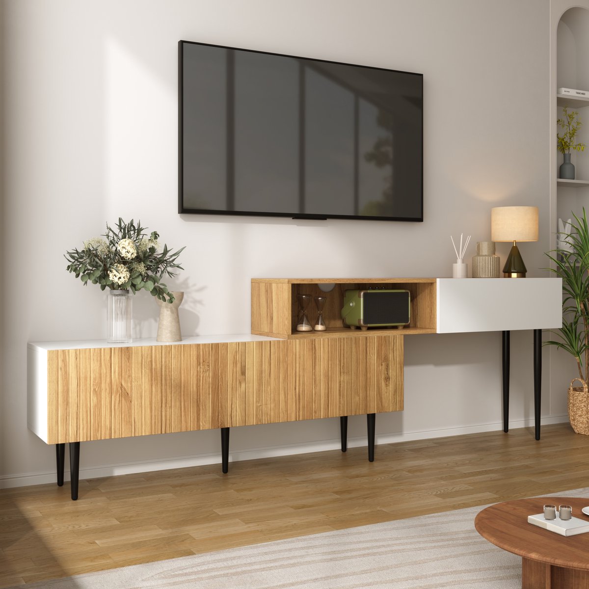 Clruro TV-Meubel Set - Verstelbare Lengte - Modulair 2-Delig Design - MDF - Hout/Wit Wit, Hout