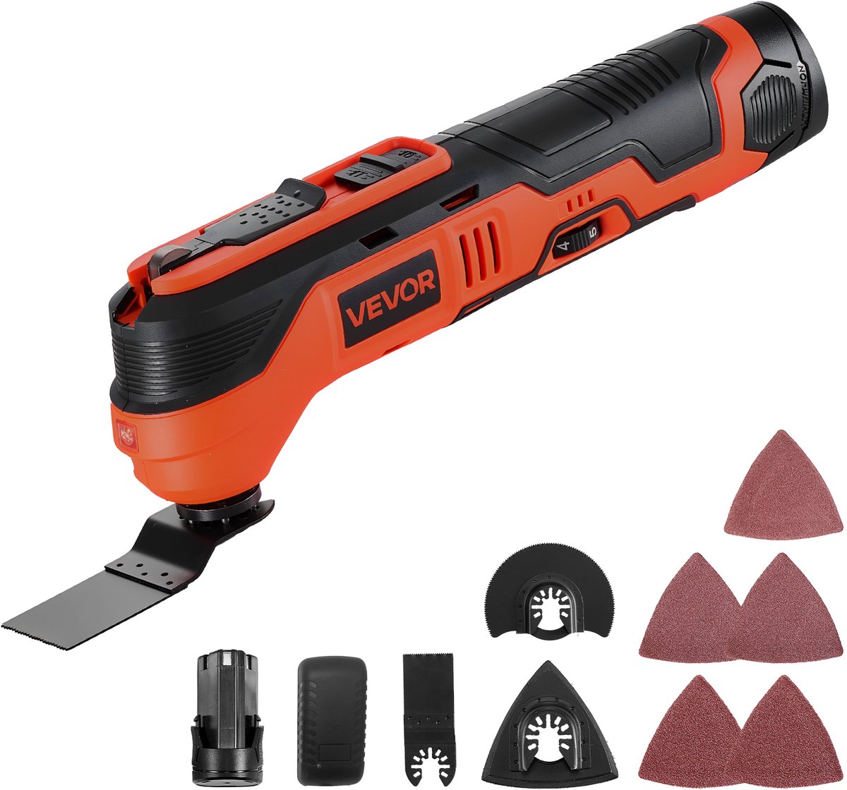 VEVOR Accu-Oscillerend Gereedschap, 12v Multitool met 6 Snelheden, 6000–17500 Omwentelingen Per Minuut, 3,2° Oscillatiehoek, 2,0 Ah Accupack en Lader, 8-Delige Zaagaccessoireset en Led-Werklamp