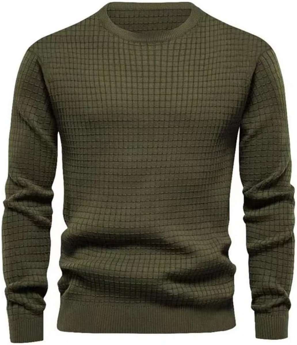Herentrui Gebreid met Wafelpatroon Ronde Hals Lange Mouwen Lichtgewicht Sweater Casual