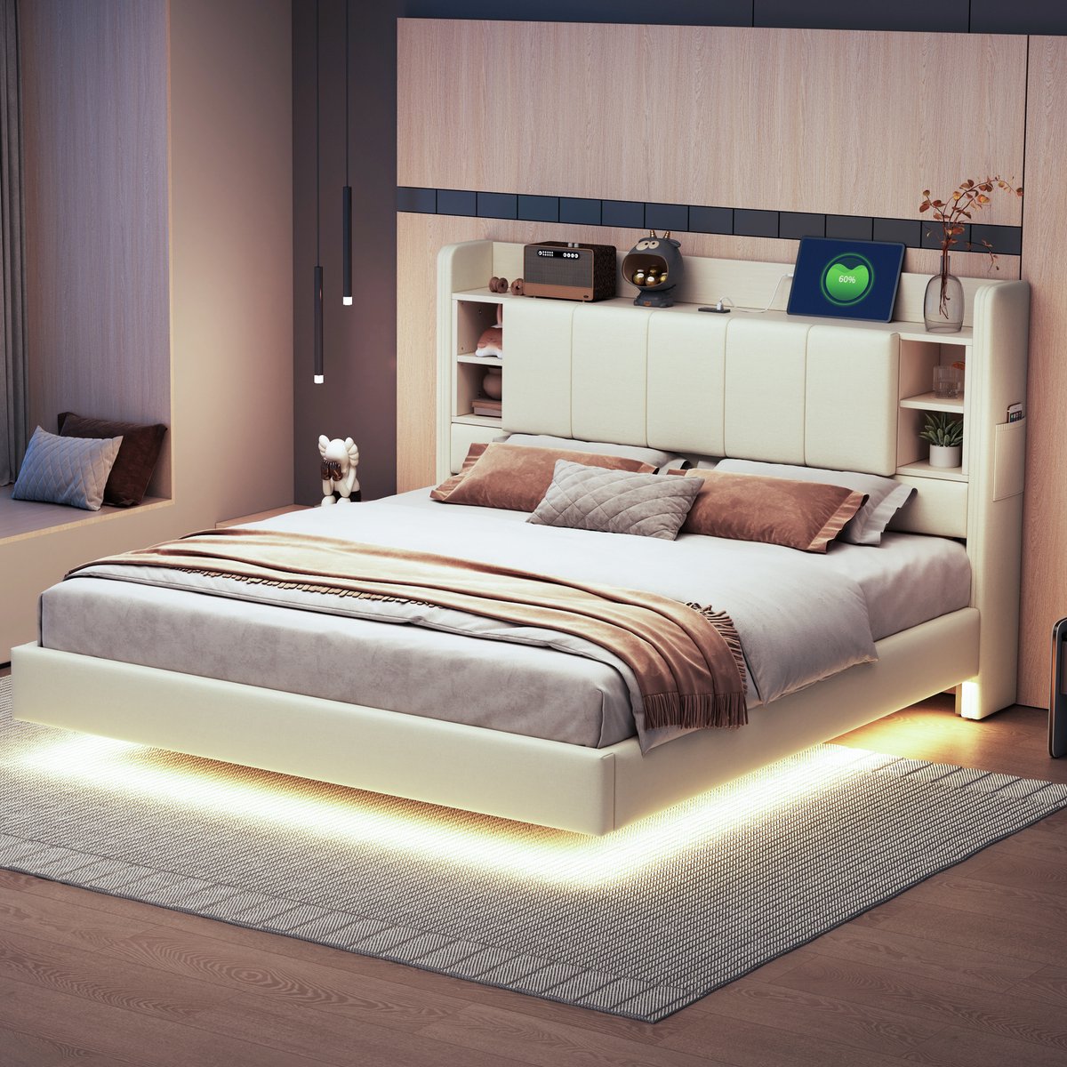 REDOM Luxe Tweepersoonsbed met LED & USB (160x200) - Modern Zwevend Design - Hoofdbord met Kastruimte & Opbergvak - Beige Linnen