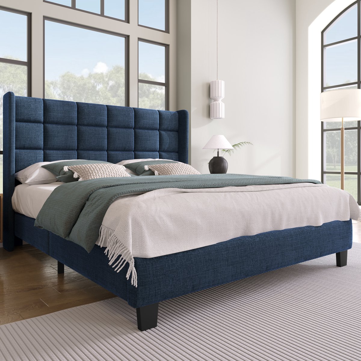 REDOM Bedframe – 140x200 cm – Met hoofdbord & lattenbodem – Linnen – Blauw