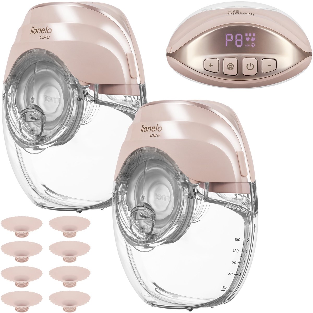Lionelo Fidi Free Slim Duo Dubbele Borstkolf Hands-Free – Set van 2 – Zeer Stil ≤40 dB – Driefasig Systeem met 8 Niveaus – Licht 214 g – 2×150 ml Tritan Reservoir – 8 Flenzen (17–24 mm)
