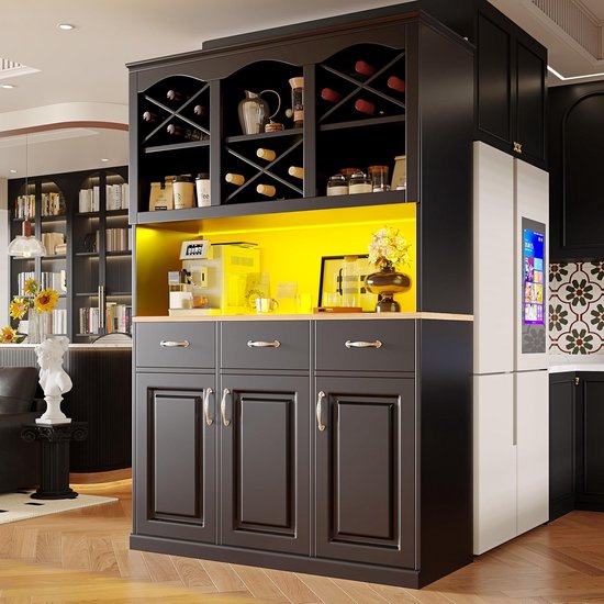 FirFurd Keukenkast, buffetkast met led en stopcontact, keukenkast met werkblad, dressoir voor keuken, woonkamer, eetkamer, keukenbuffet, 180 x 100 x 38,5 cm, groen