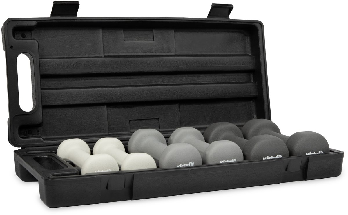 Bol.com VirtuFit Dumbbellset - 3 sets van 0,5, 1 en 1,5 kg - 6 kg totaal - Met Koffer - Geschikt voor Zumba, Aerobics en Body To... aanbieding
