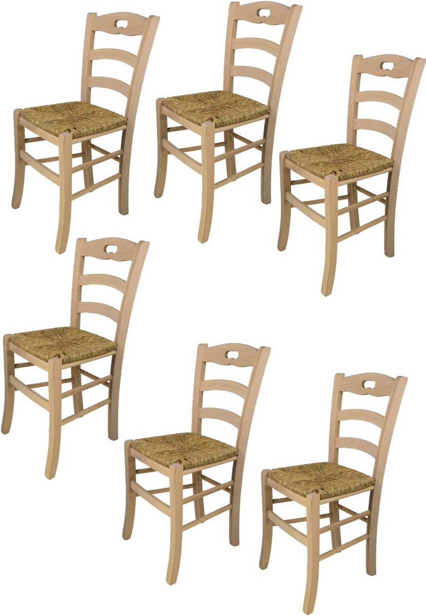 Set van 6 Klassieke Eetkamerstoelen met Stroen Zitting, Massief Beukenhout