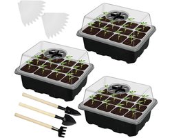 3 stuks Kweekbak Set - Met Verstelbare Vochtkap en Basis - Mini Kas voor Binnen - voor Zaaien en Zaailing Kweek - 12 Cellen per Bak - Zwart